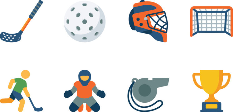 Floorball game icon set in flat illustration