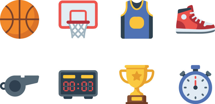 Basketball game elements icon set in flat illustration