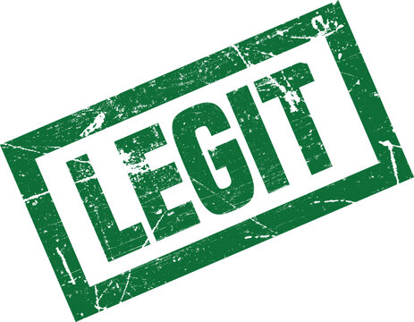 A weathered green rubber stamp with the word legit displayed in a bold sans serif font style.