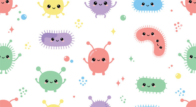 Cute cartoon bacteria and virus characters seamless pattern colorful microbiology germs with funny faces kids friendly medical vector illustration