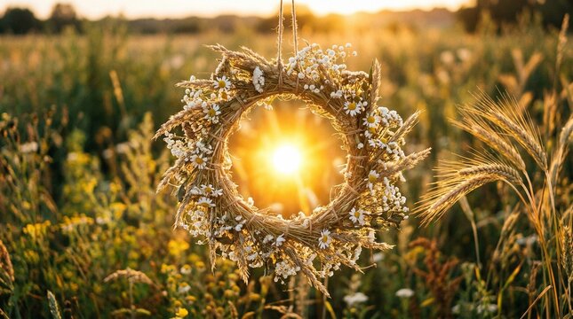 Glowing sun-shaped wreath with fresh flowers and wheat stalks, radiating warmth and celebrating summer solstice.
