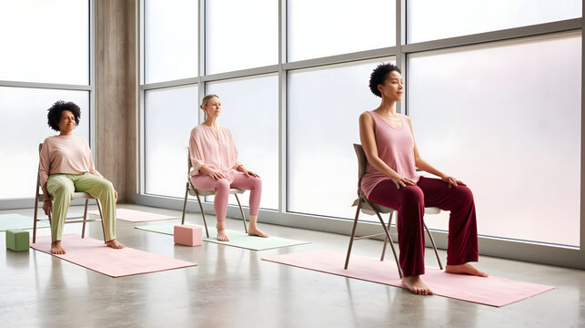 Inclusive Yoga Class in Bright Studio with Three Women
