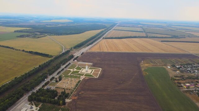 Aerial video panorama of fields in Belgorod oblast, with famous Prokhorovka battlefield where the largest WWII tank battle took place.
