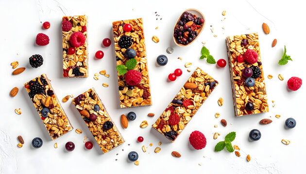 Artisan Bars of Health: Exquisite granola bars adorned with a medley of fresh, vibrant berries and nuts, promising a wholesome and delicious treat.