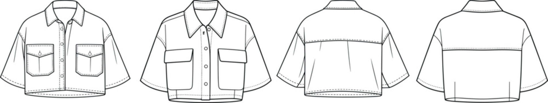 Boxy cropped shirt jacket set, short sleeve utility design, front and back views, modern casual apparel outline template &ndash; vector illustration