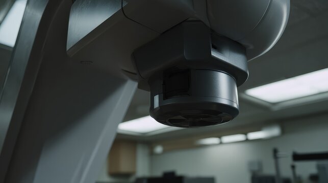 Radiotherapy linear accelerator in a modern oncology suite delivering precise cancer treatment, high tech medical equipment in a clean, professional hospital environment