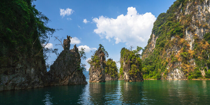 tropical islands on boat trip in khao sok national park in thailand