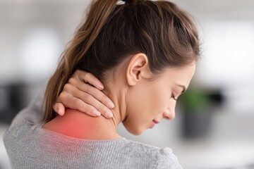 Fototapeta premium Close-up of a woman holding her neck in pain, with a red highlight indicating discomfort and inflammation.