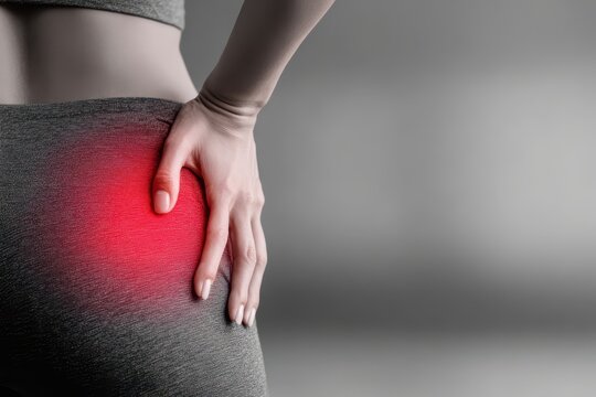 Close-up of a woman holding her hip with a bright red area indicating pain or discomfort.