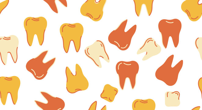 Seamless pattern of cartoon teeth in yellow and orange tones.