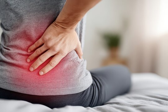 Close-up of a person holding their lower back with a red area indicating pain and discomfort.