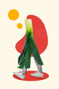3D collage poster template trend sketch of body lettuce walk legs wear shoes dieting hungry nutrition calories food psychedelic vegetable