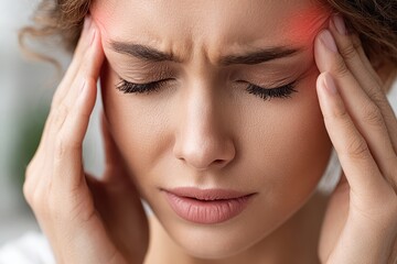 Fototapeta premium Close-up of a woman experiencing a severe headache, holding her temples with a pained expression.