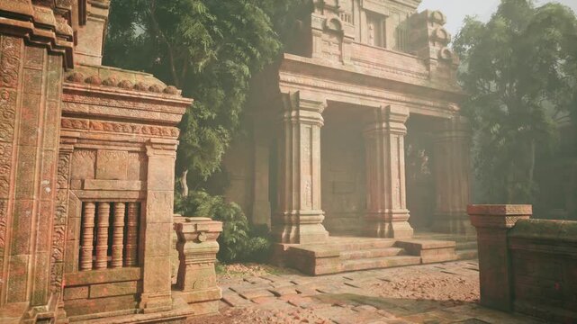 monumental gateway opens onto sunlit forecourt with pillars and carved lintel, broad steps and balanced symmetry evoke grandeur and ceremonial approach