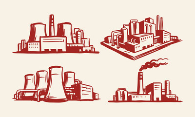 Fototapeta premium Hand Drawn Factory Industrial Silhouette Vector Illustration Set with Power Plant Manufacturing Building and Industry Design.