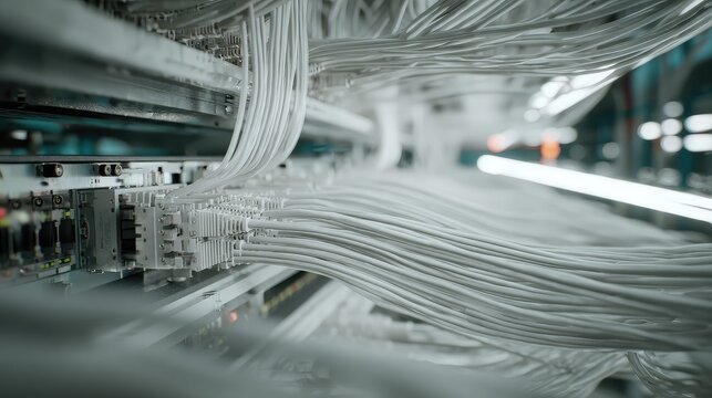 White ethernet cables densely populating a server rack, highlighting the intricate network infrastructure and connectivity within a modern data processing facility