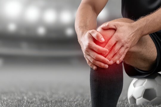Soccer player holding injured knee with red pain indicator, sitting on a soccer ball on grass.