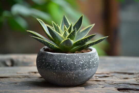 Miniature gasteria succulent growing in a speckled ceramic pot, placed on a weathered wooden surface, adding a touch of nature to home decor