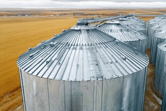 Aerial view of large metal grain silos in a golden wheat field under a cloudy sky.