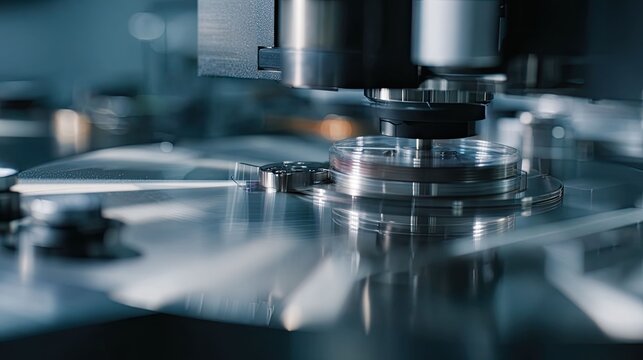 Industrial equipment performing detailed automation, handling delicate elements and wafers in a controlled environment, highlighting advanced engineering processes and technological development