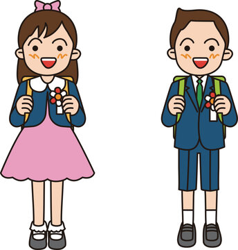 	日本の小学校の入学式。正装した笑顔の男の子と女の子のイラスト。