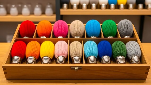 Colorful knitted light bulbs arranged in wooden display box.
