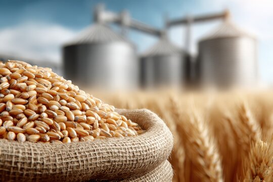 Close-up of a burlap sack overflowing with ripe wheat grains in a golden field with silos in the background.