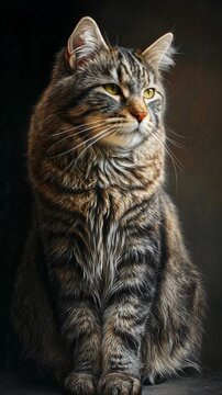 Portrait of a majestic tabby cat with striking green eyes sitting against a dark background.