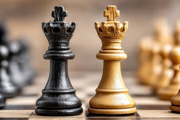 Fototapeta premium Close-up macro shot of black and white king chess pieces facing each other on a chessboard.