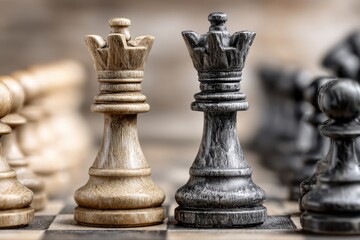 Fototapeta premium Close-up of two weathered chess queens, one light and one dark, facing each other on a board.