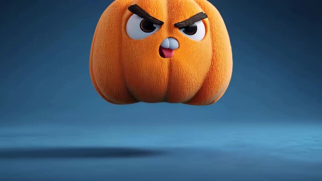 Angry pumpkin shows expression and character in animated setting with blue background