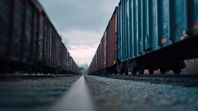 Freight trains lined on parallel tracks stretch toward the horizon under a moody cloudy sky, evoking industrial transport, logistics, and long distance cargo movement