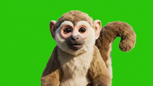 A cartoon monkey character with a green screen background appears surprised