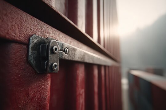 Close-up of a weathered red shipping container latch with a blurred industrial background and soft light.