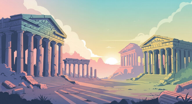 Ancient greek ruins with columns and temples at sunset warm colorful landscape with historical architecture