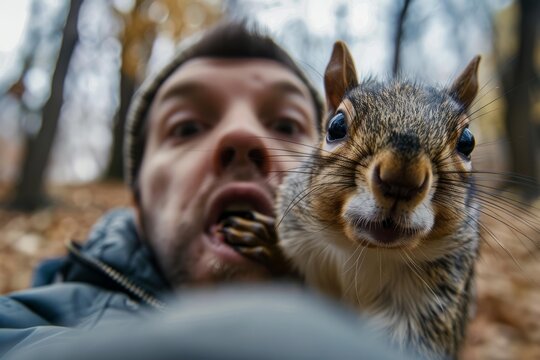 Squirrel getting very close to a man's face and stealing seeds from his mouth, in a forest