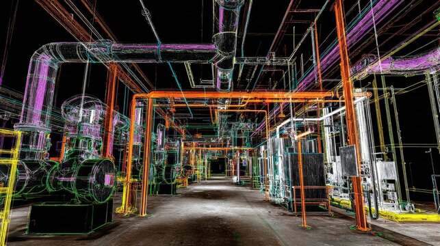 Industrial plant infrastructure visualized as a colorful three dimensional point cloud, representing a digital twin of piping, machinery, and utilities for engineering and documentation