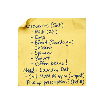 Yellow sticky note with handwritten grocery list