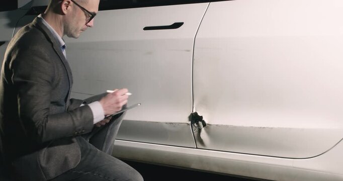 Insurance agent points at damaged car body parts as holds digital tablet in garage. Inspector man analyses wrecks caused by road accident on parking site