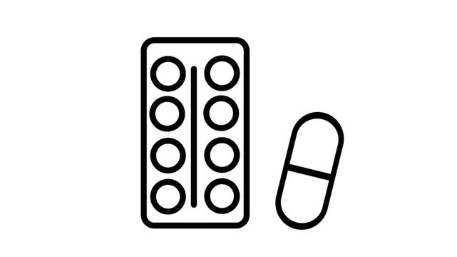 Pills and Blister Pack Line Motion Icon. Animation of medical pills and a blister pack representing pharmacology, medication, and clinical drug treatment.