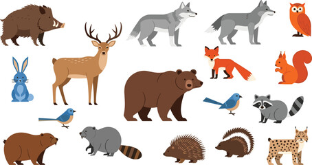 Comprehensive Woodland Forest Wildlife Vector Set Featuring Bear Deer Wolf and Lynx with North American Animals for Children Education and Professional Graphic Design © MdRoni