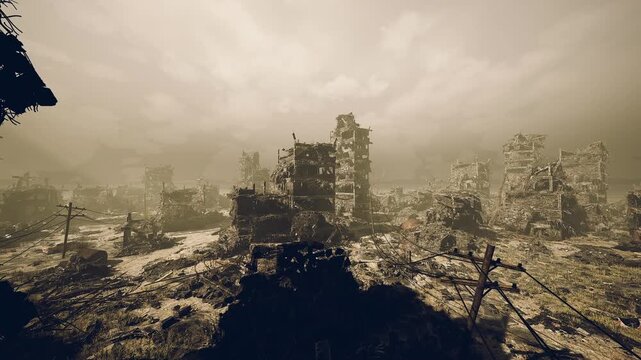 golden dusk over ruined plaza with deep shadows and warm highlights, foreground rubble and cracked paving, silhouette of broken towers against amber sky,