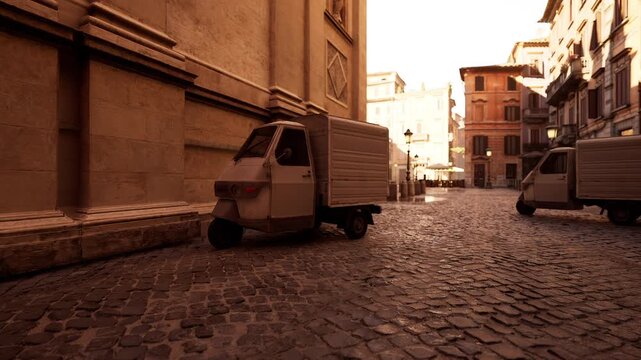 empty cobblestone alley with vans, golden late afternoon light, worn facades, wet uneven pavement, long cinematic shadows, quiet urban mood, vintage textures,