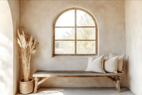 Photo of Boho farmhouse home interior design of modern living room Wooden rustic bench with pillows against arched window near beige stucco wall with copy space.jpe