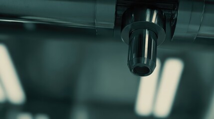 Naklejka premium Microscope objective lens providing a close up view in a modern scientific laboratory, symbolizing innovation, medical research, and advanced technology in healthcare and precision manufacturing