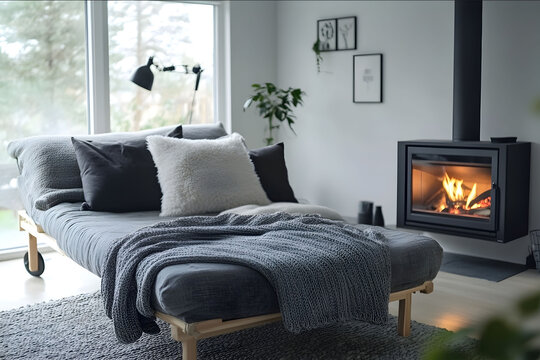 Photo of Grey daybed sofa against fireplace Rustic scandinavian home interior design of modern living room