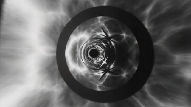 Abstract black and white tunnel vortex time travel digital art background, hypnotic illusion, motion graphics