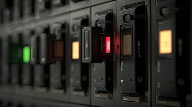 Electronic control panel featuring a row of dark grey toggle switches and indicators, with one prominent red light illuminating a circuit breaker and a green light in the background