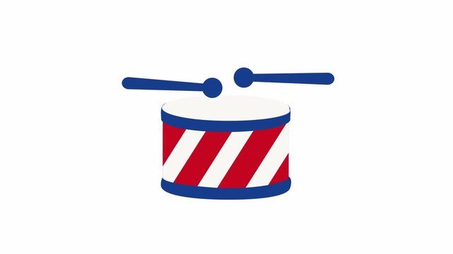 Snare drum with sticks in flat vector style featuring USA Independence Day theme, patriotic animation asset isolated on transparent background with alpha channel