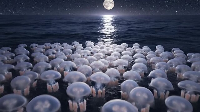 Jellyfish swarm journeys under the moonlit ocean